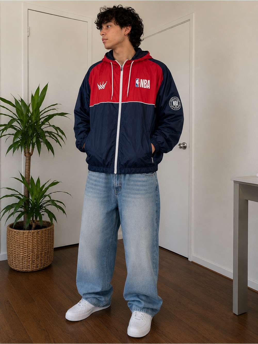 NBA Colorblock Hooded Windbreaker Jacket in Red and Navy Sz XL Athletic
